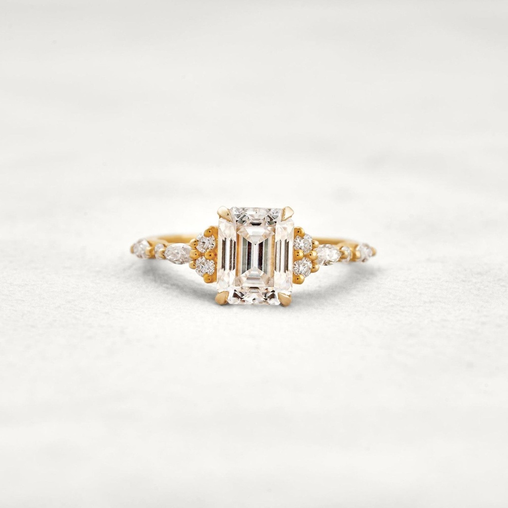 Solitaire With Accents Yellow Emerald Cut  In 925 Sterling Silver Ring For Engagement