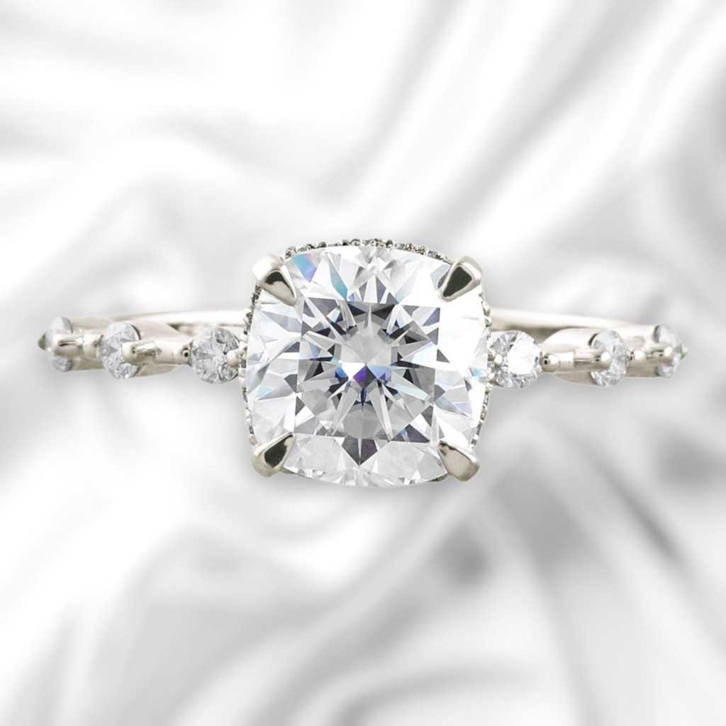 Hidden Halo Cushion Cut White  In 925 Sterling Silver Ring For Women's Engagement