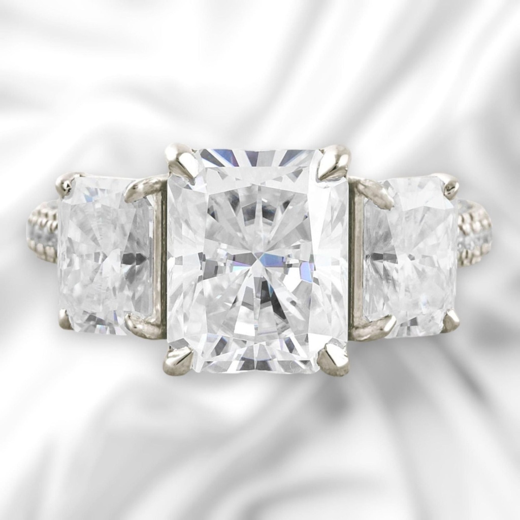3 Stone Radiant Cut White  In 925 Sterling Silver Ring For Women's Engagement