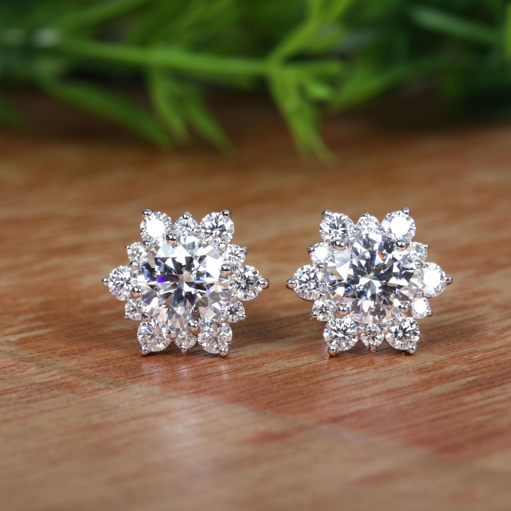 Round Cut Diamond Floral Style Stud Earrings For Women