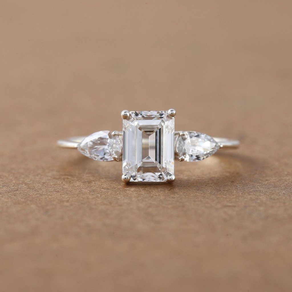 Emerald And Pear Cut Diamond 3 Stone Engagement Ring for Women
