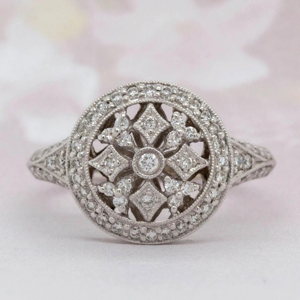 Art Deco Ring Dainty Ring 1920's Ring Moissanite Engagement Ring Halo Wedding Ring Anniversary Ring Unique Promise Ring Sterling Silver Ring