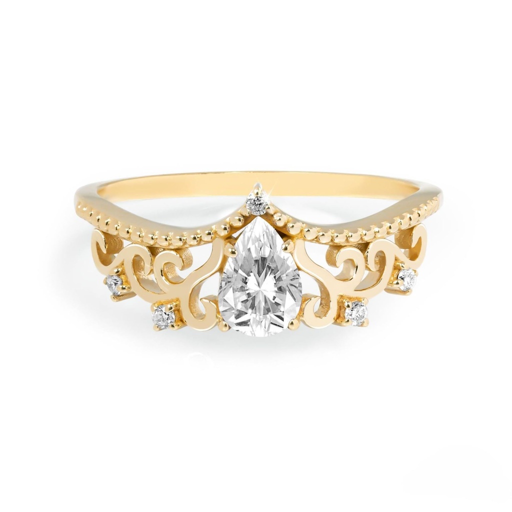Lab Diamond Pear Ring, Gold Crown Ring, Filigree Band Ring, Certified Diamond Wedding Ring, Unique Ring, Proposal Ring, 18K Solid Gold Ring