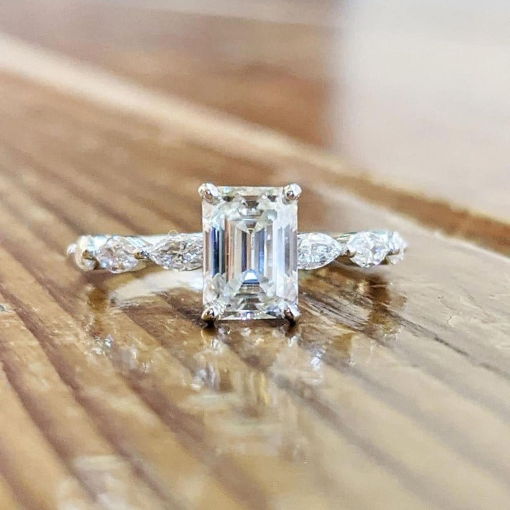 Emerald Cut Diamond Solitaire With Accents Engagement Ring for Women