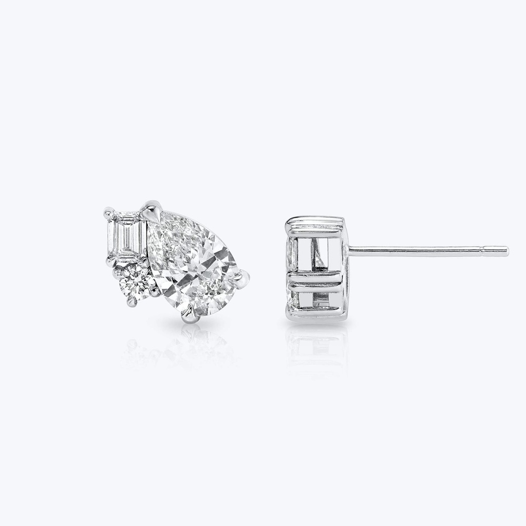 Pear And Round And Emerald Cut Diamond Unique Stud Earrings For Women