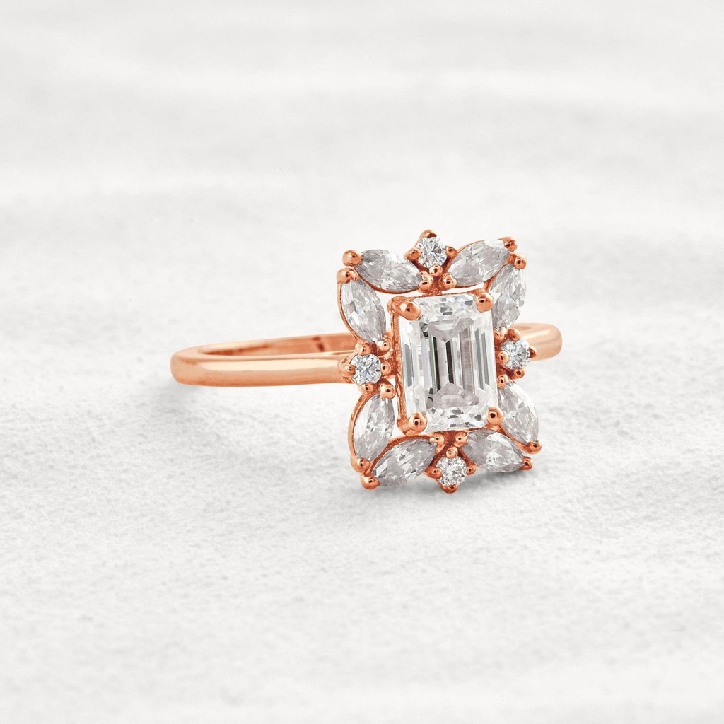 Emerald Cut Stone Halo Engagement Ring for Women