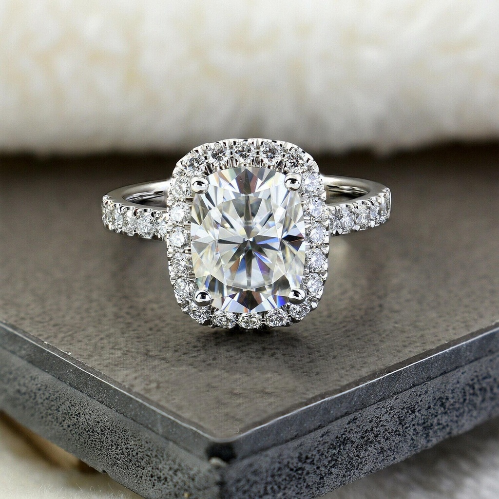 Cushion Moissanite Ring/ Cushion Cut Moissanite Halo Ring/ Colorless Moissanite Half Eternity Ring/ Best Ring For Propose To Girlfriend
