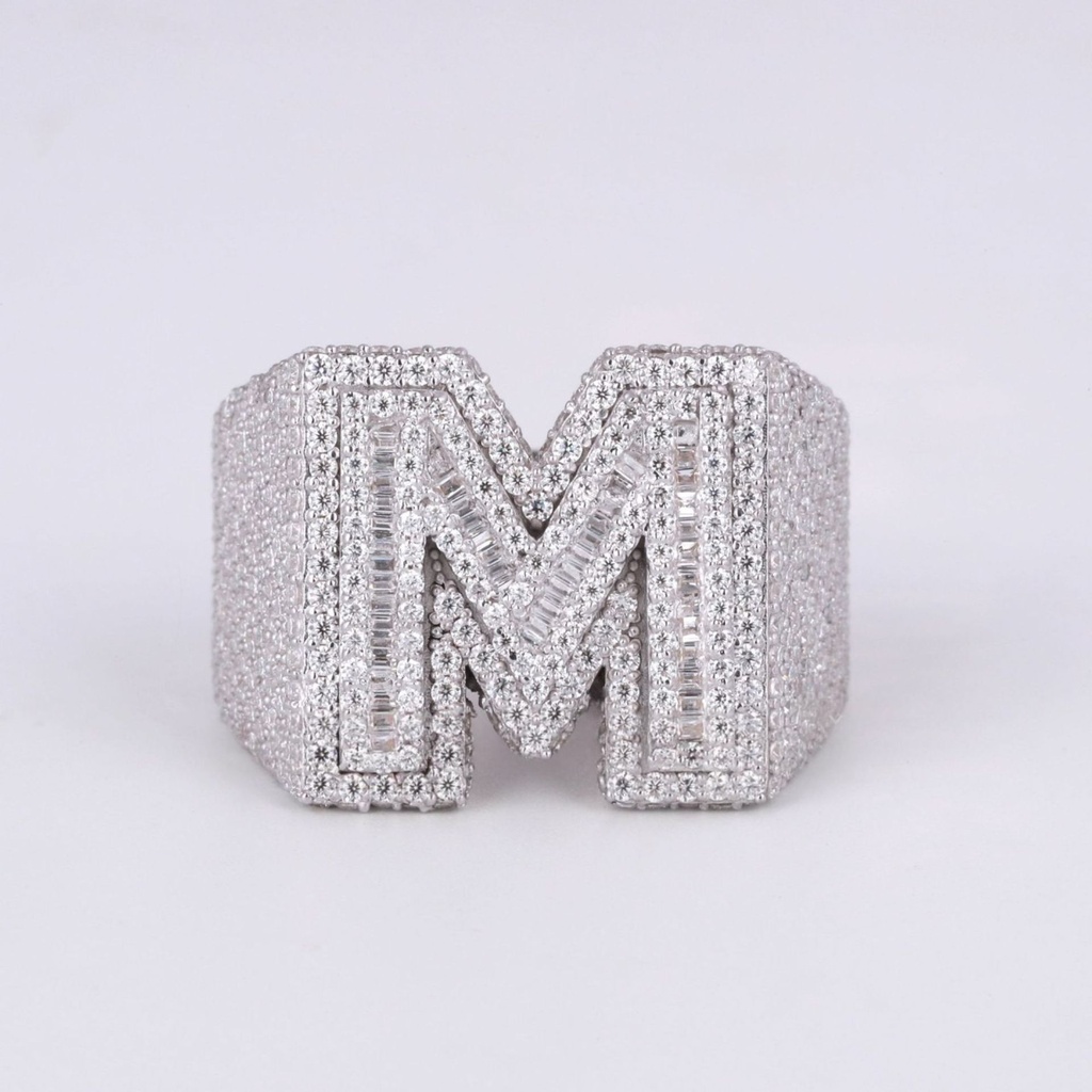 Round and baguette cut lab grown hip hop custom letter ring for men or women