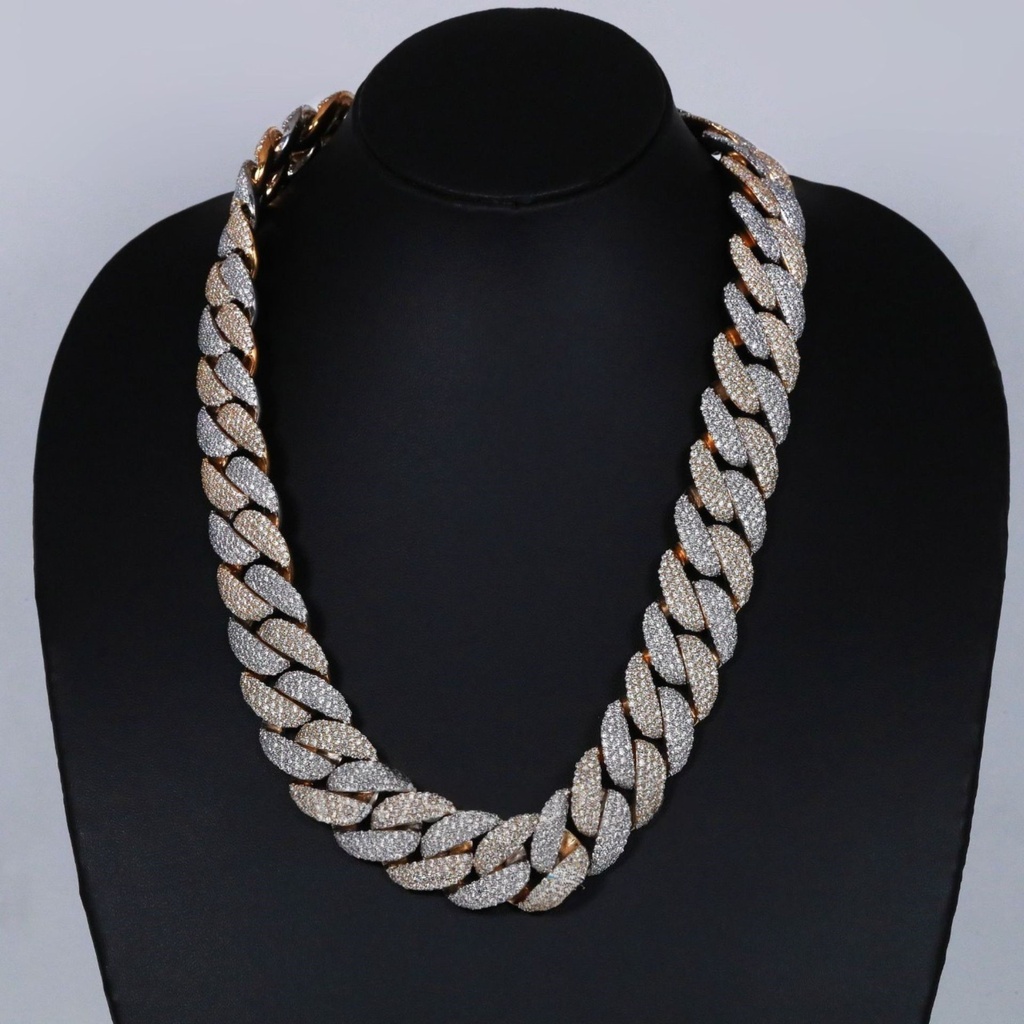 20 inch 20 mm presenting a white and yellow gold Cuban chain showcases VVS clarity