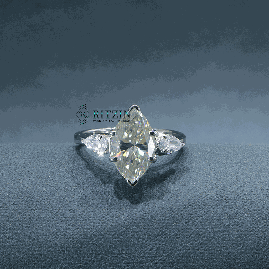 Off White Marquise Cut Diamond 3 Stone Style Engagement Ring For Women 