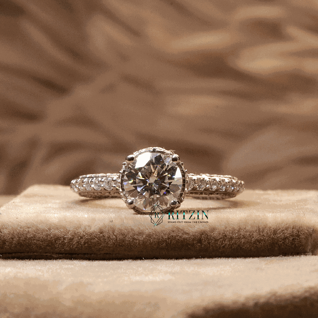 Round Cut Diamond Hidden Halo With Accent Engagement Ring For Women 
