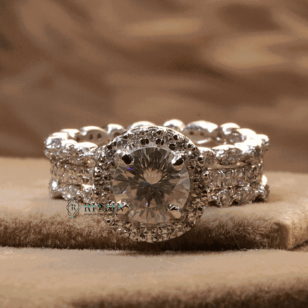 Off White Round Cut Diamond Halo With Trio Set Engagement Ring For Women 