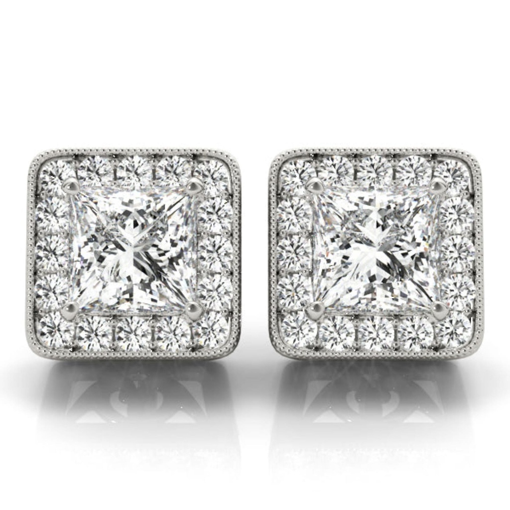 Princess Cut Diamond With Halo Style Stud Earring For Women