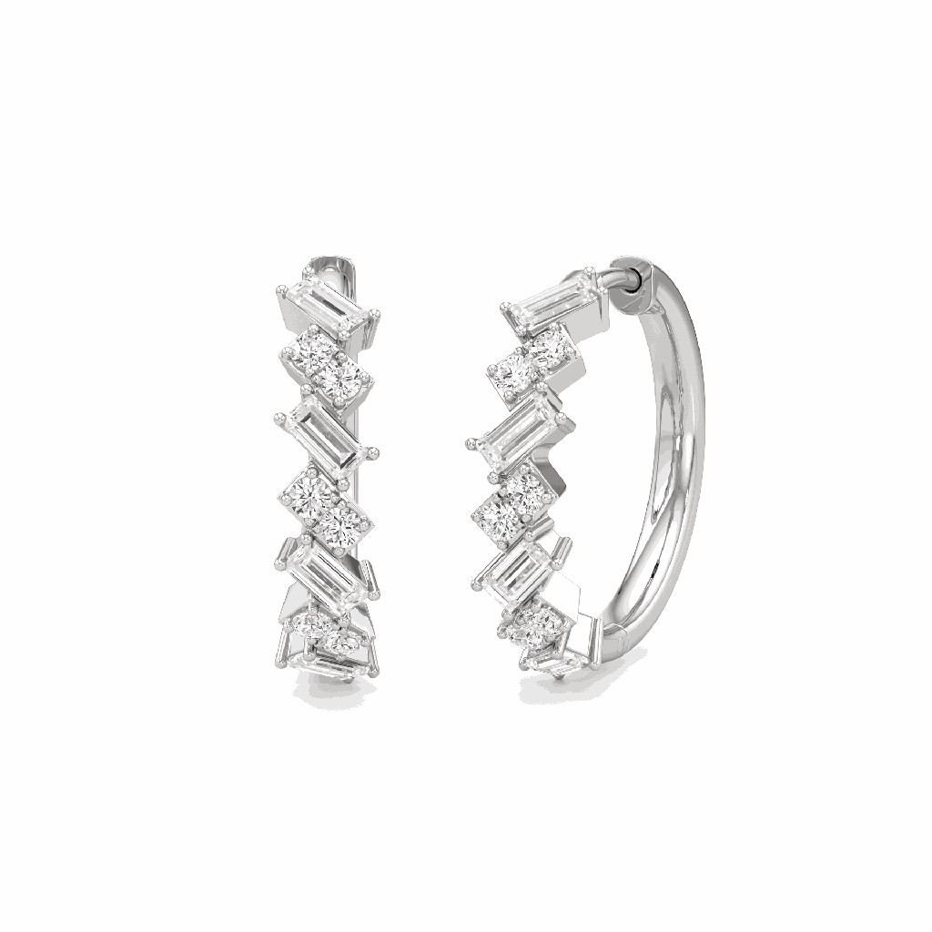 Round And Baguette Cut Diamond Hoop Earring For Women