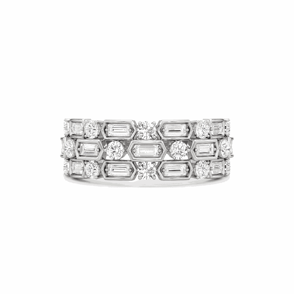 Round And Baguette Cut Diamond Half Eternity 3 Row Engagement Ring For Women
