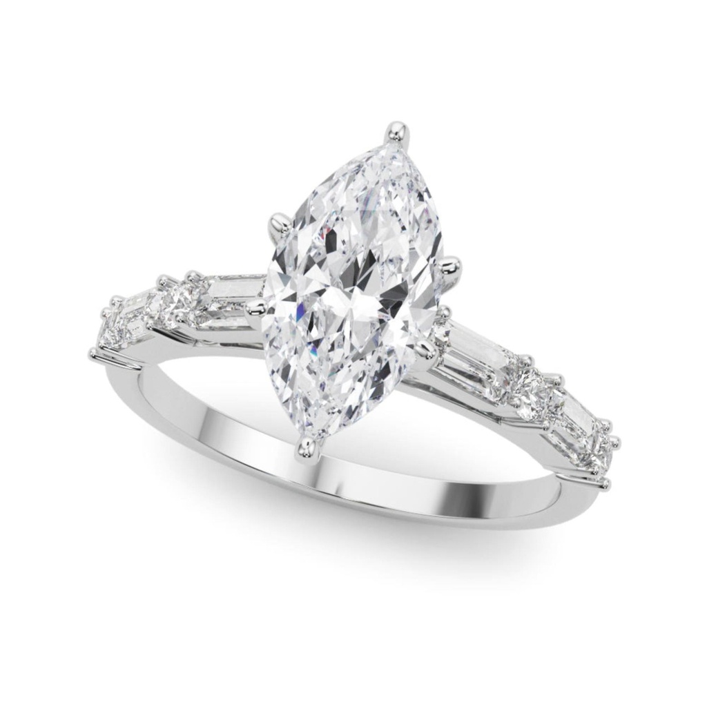 Marquise And Baguette Solitaire With Accent Style Engagement Ring For Women