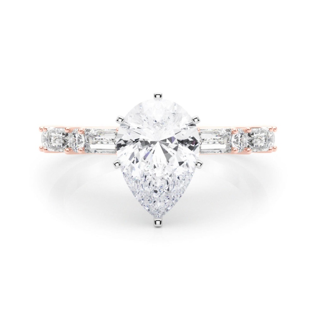 Pear And Baguette Cut Diamond Solitaire With Accent Style Engagement Ring For Women