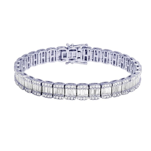 Baguette & Round Diamond Tennis Hip Hop Bracelet, Sterling SilverPlated Gold Diamond Bracelet For Birthday Gift