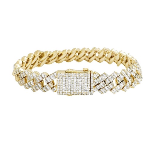 Baguette & Round Diamond Cuban Chain Hip Hop Bracelet, Sterling Silver 14K Plated Gold Diamond Bracelet 