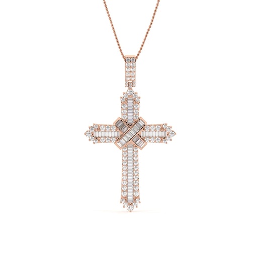 Round And Baguette Cut Diamond Cross Pendant For Women