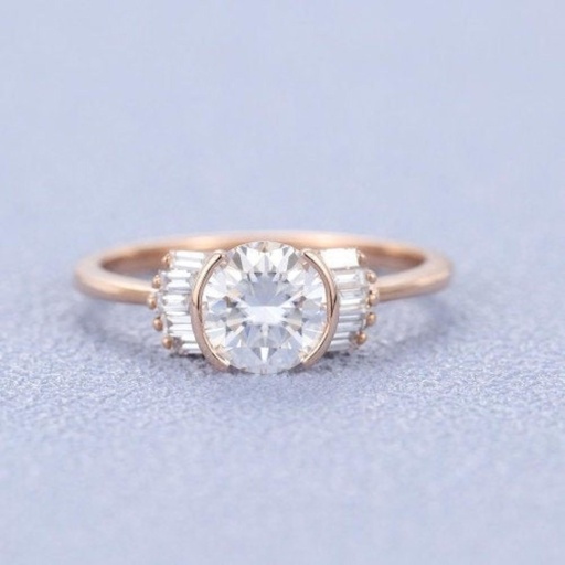 Rose Gold Unique Vintage Baguette Moissanite Round Diamond engagement ring for women Wedding Anniversary Jewellery Elegant Christmas gift