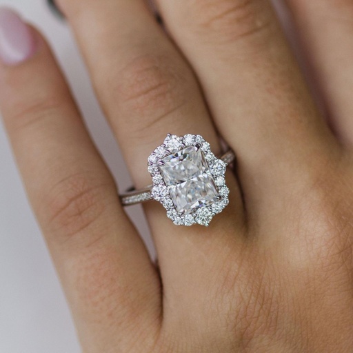 Radiant Cut Moissanite Engagement Ring White Gold Vintage Unique Ring women diamond wedding Anniversary Gift halo thin channel pave
