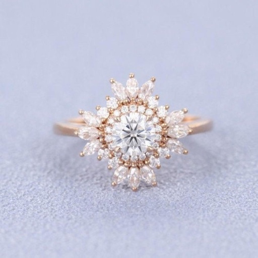 Vintage engagement ring rose gold halo diamond Round and Marquise moissanite Forever One ring Antique wedding Anniversary ring