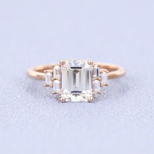 Emerald cut Moissanite Engagement ring Rose gold Vintage Unique engagement ring Simple Baguette wedding for women Promise anniversary gift