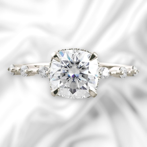 Hidden Halo Cushion Cut White  In 925 Sterling Silver Ring For Women's Engagement