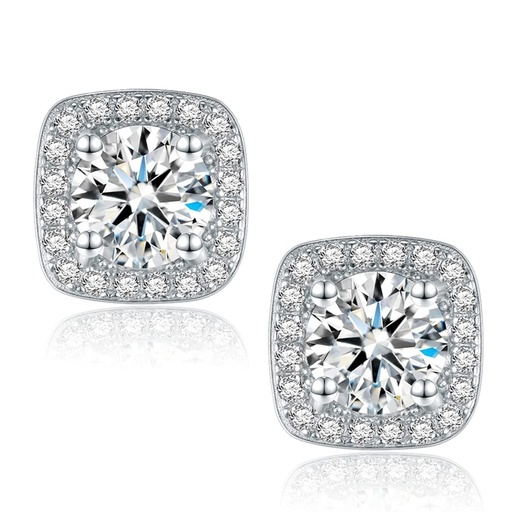 Round Brilliant Cut White Cubic Zirconia 925 Sterling Silver Square Stud Earrings