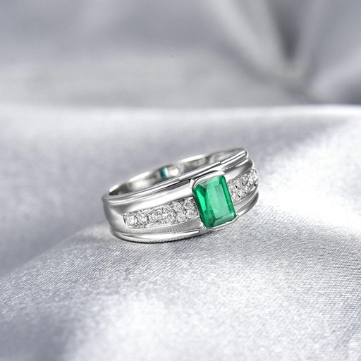 Colombian Emerald Men's Ring Luxury Emerald, Diamond Ring 14K White Gold.