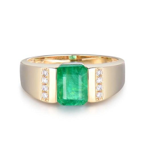 Emerald Solid 14K Yellow Gold Natural Emerald, Diamond Ring For Men