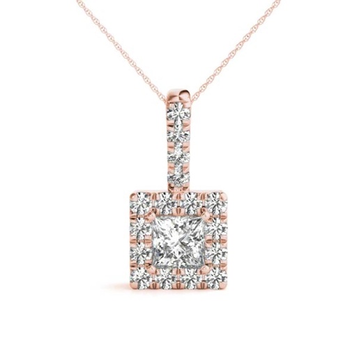 Princess And Round Cut Diamond Halo Pendant Necklace For Women