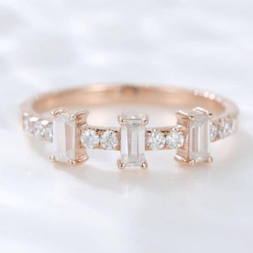14K Solid Gold Round & Baguette Cut Moissanite Wedding Band, Unique Design Minimalist Engagement Ring For Her, Proposal Ring, Promise Ring