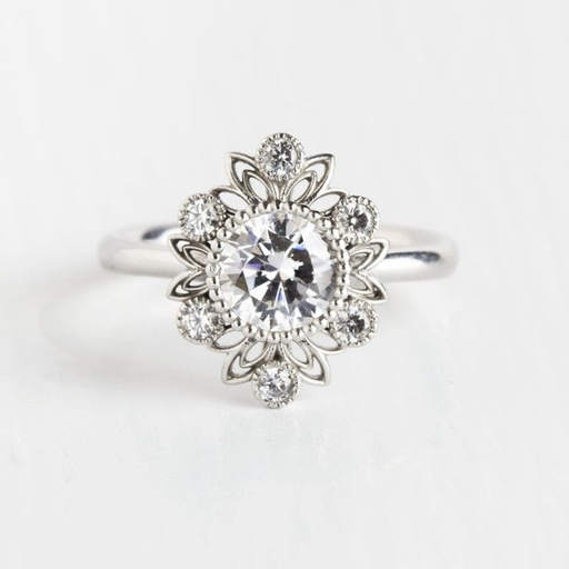 Old European Cut Moissanite Engagement Ring, Vintage Floral Design Engagement Ring For Woman, Round Cut Diamond Wedding Promise Ring