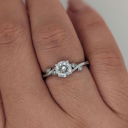 Round Brilliant Lab Grown Diamond Ring, 14K White Gold With Diamonds Leaves