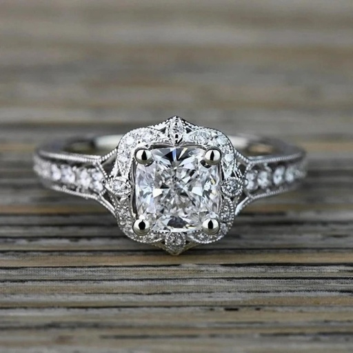 Old Vintage Antique Engagement Ring, Cushion Cut Moissanite Vintage Style Art Deco Wedding Ring, 10K White Gold Ring For Engagement