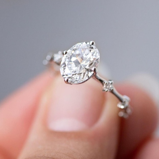 Solitaire With Accents Ring, 1.50CT Oval Cut Moissanite Wedding Ring, Flush Set Diamond Engagement Ring, Solid 14K Gold Ring For Wife