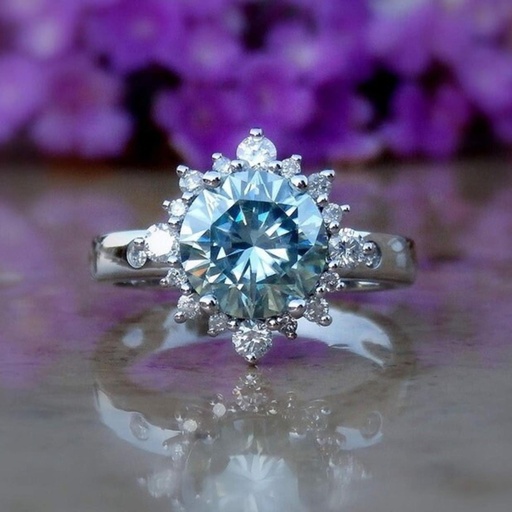 Vintage Inspire Halo Engagement Ring,  Blue Round Moissanite Ring, Wedding Ring, Promise Ring, Ring For Women