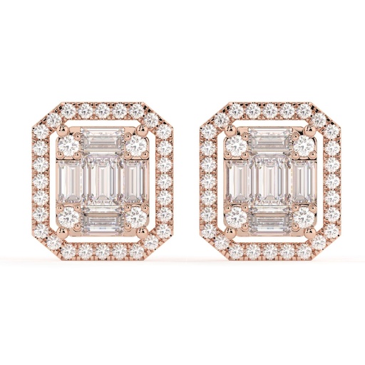 Baguette and Round Earrings with Halo Setting Earrings 14k Solid Gold Round &amp; Baguette  Halo Cluster Studs Dainty Minimal Earrings