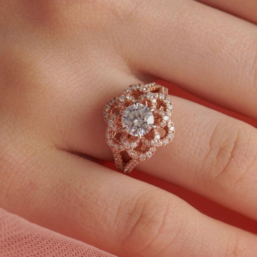 1 CT Vintage Flower Halo Engagement Ring, Unique Round Cut Moissanite Wedding Ring for Her, Sunflower Flower Promise Anniversary Rings For