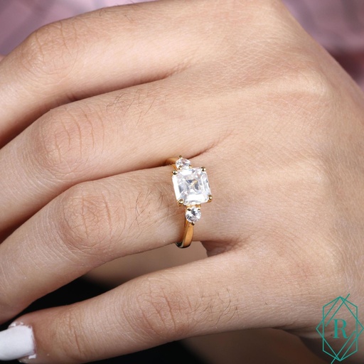 White Asscher Cut Promise Ring / Three Stone Engagement Ring / Side Stone Round Cut Solid Yellow Gold Ring / Ring To Gift Her