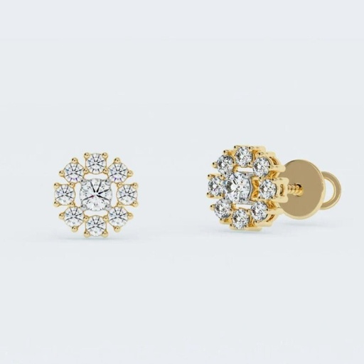 Round Halo Stud Diamond Earrings/ Lab Grown Diamond/ 14K Yellow Gold Stud Earrings/ Screw back Stud Earrings/ Bridal Earrings