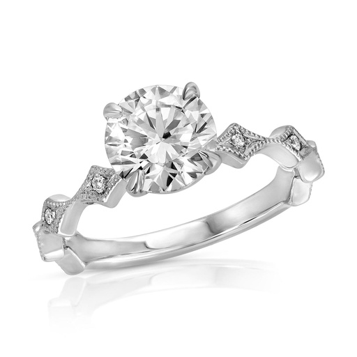 Vintage Inspired Diamond Engagement Ring Set - Solitaire Round Diamond Engagement Ring with Milgrain Beading, 14K White Gold, IGI CERTIFIED