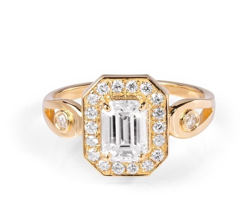 Emerald Cut Lab Grown Diamond Engagement Ring/Diamond Halo Wedding Ring/Solid 14k Yellow Gold/Antique Art Deco Ring/Christmas Gift