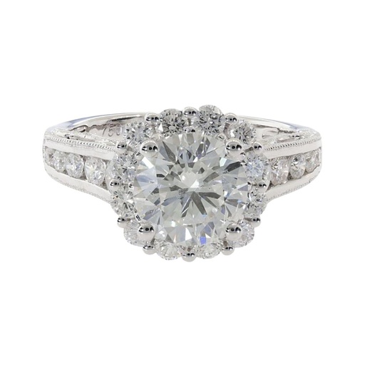 Round Cut Diamond in Diamond Halo with Diamond Side Stone Shank | Unique Filigree Design 