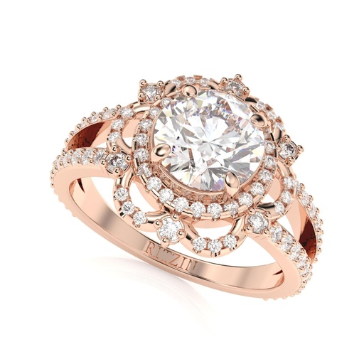 Floral  Diamond Halo Engagement Ring,  Solid Gold Deco Ring, Split Shank Floral Ring, 