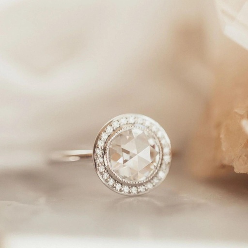 7.5mm Rose Cut Round Moissanite Engagement Ring, Round Halo Wedding Ring, Vintage Inspired Milgrain Bezel Set Anniversary Ring,Stacking Ring