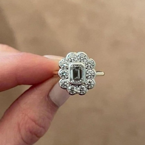 Moissanite Emerald and Round Cluster Bridal Engagement Ring, Floral Halo Wedding Ring, Art Deco Style Ring, Birthday Gift