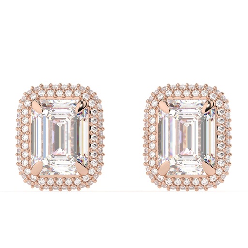 Emerald Cut Diamond Double Hidden Halo Stud Earrings For Women